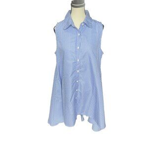 Step In Style Womens Blue & White Gingham Sleeveless Button-Up Tunic Top High Lo